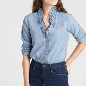 NWT Gap chambray denim ruffle button down